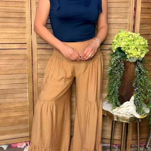 Chic solid color tan tiered wide leg women's boutique pant Southern Stitch XCH17419 GS3