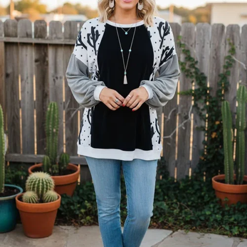 Western Cactus & dots & fleece grey sleeves black women's boutique blouse BQ15021 IS22