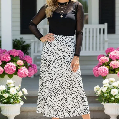 Women's skirt wholesale White/Black leopard printed long skirt w/leg slit GJQ14076 IS11