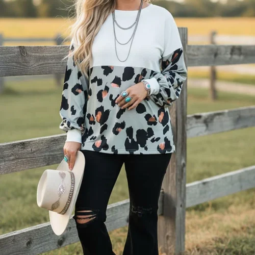 Western leopard & white long sleeve women's boutique blouse GJQ14288 DS6