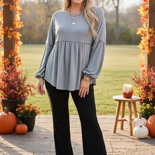 Western grey baby doll long sleeve women's boutique top GJQ15291 (AS11)