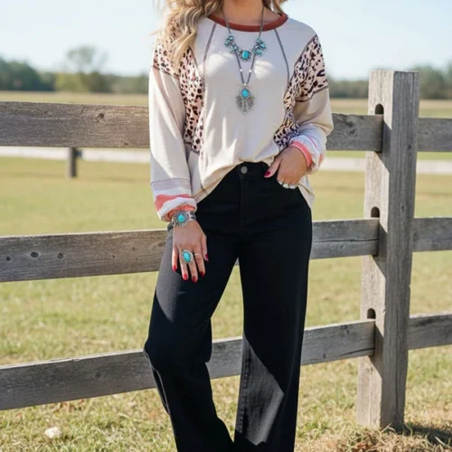 Western leopard & beige long sleeve women's boutique top GJQ15315 ES10
