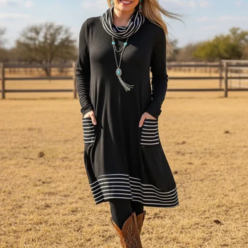 Black/white striped Turtleneck & irregular bottom women's boutique dress GJQ15563 AS11