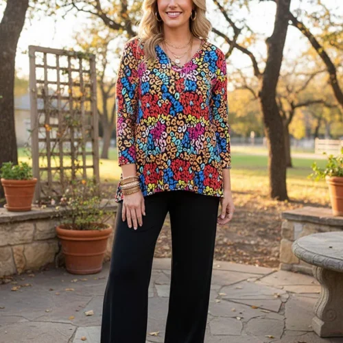 Western leopard 3/4 sleeve top & black pant women's boutique set GJQ15718 AS8