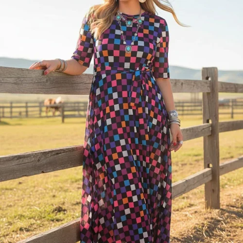 Western checkered sheer maxi women boutique dress Southern Stitch HQ17577
