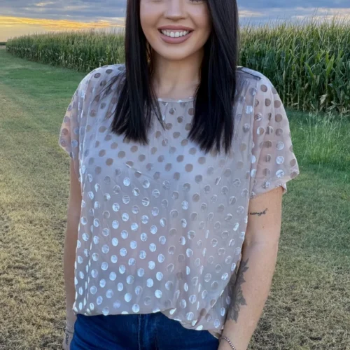 Mocha Dot Velvet Short Sleeve Mesh Top