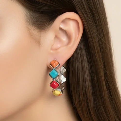 93644 Squash blossom hoop earrings multi