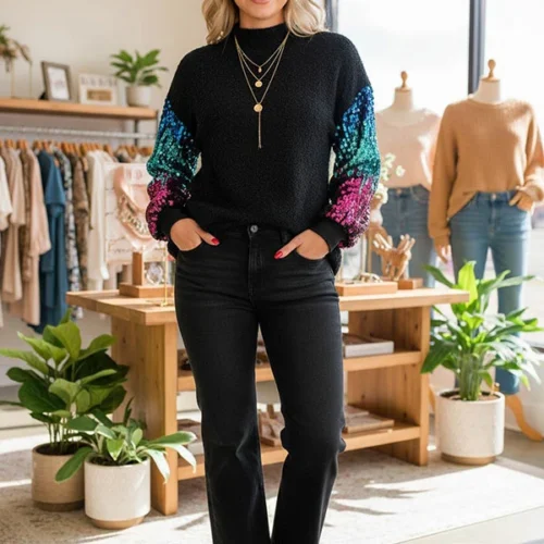 Western sequin long sleeve black women's boutique top w/tighten cuff BQ15437 DS2